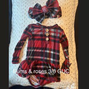 Bums & Roses plaid print bodysuit dress with matching bow set 3/6